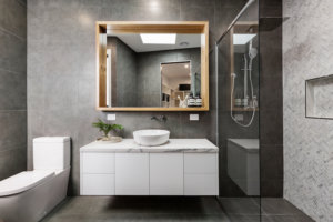 modern bathroom with white bathroom vanity