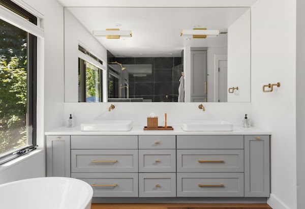grey bathroom vanity with double sinks