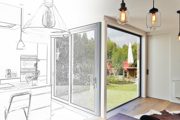 Mixed sketch of Renovation on a Modern luxury kitchen with sliding door and view on a lush garden