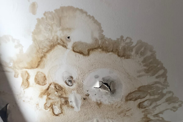 View from below of water damaged ceiling in need of a fix- plumbing repair concept  L
