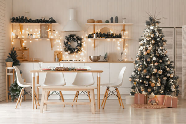 Christmas and New Year decorate the interior of the kitchen