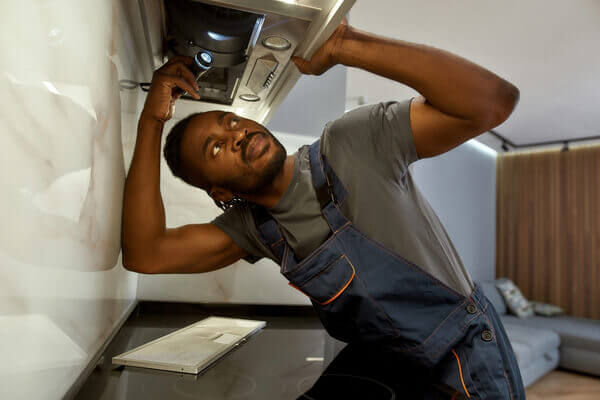 Closeup portrait African American professional electrician repairing under cabinet range hood and changing its filters. Diverse repairman in grey t-shirt and blue overalls in modern kitchen interior.