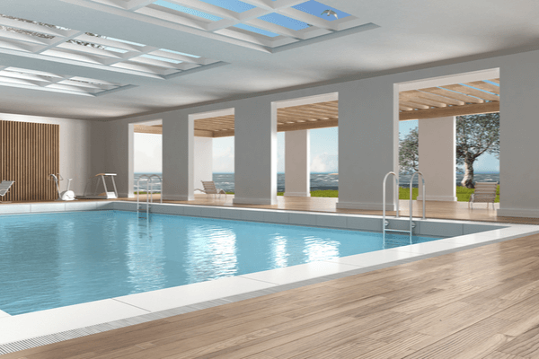 Swimming pool interior design, indoors with big panoramic windows and sea landscape, 3d illustration