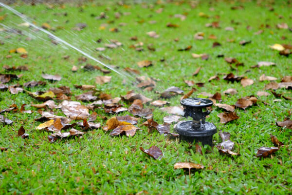 in ground sprinkler spraying water on lawn
