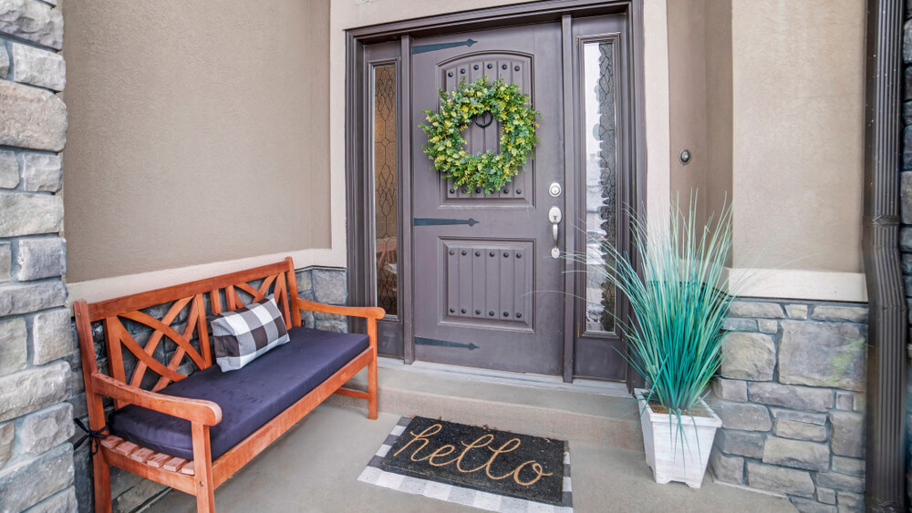 Panorama frame Beautiful home entrance with gray door sidelights and huge transom window
